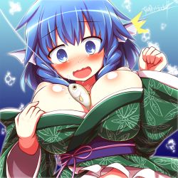 Rule 34 | 1girl, ^^^, animal, animal between breasts, bad id, bad pixiv id, between breasts, blue background, blue eyes, blue hair, blush, breasts, cleavage, fins, fish, head fins, highres, japanese clothes, kisaragi zwei, large breasts, matching hair/eyes, md5 mismatch, open mouth, short hair, solo, touhou, wakasagihime