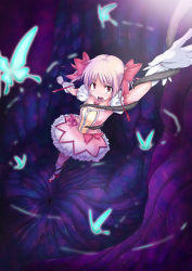 Rule 34 | 10s, 1girl, bow, bubble skirt, dress, gloves, hair bow, hair ribbon, highres, kaname madoka, magical girl, mahou shoujo madoka magica, mahou shoujo madoka magica (anime), open mouth, pink eyes, pink hair, purple background, ribbon, satou kuuki, shoes, short hair, short twintails, skirt, solo, twintails