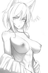 Rule 34 | 1girl, actinium89, animal ear fluff, animal ears, bare shoulders, breasts, collarbone, greyscale, highres, medium breasts, medium hair, monochrome, navel, nipples, open mouth, original, sketch, solo, toned, topless, undressing