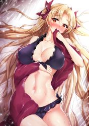 Rule 34 | 1girl, arm under breasts, bikini, black bikini, blonde hair, blouse, blush, breasts, breasts apart, cape, cleavage, collarbone, commentary, covered erect nipples, covering own mouth, earrings, ereshkigal (fate), fate/grand order, fate (series), frilled bikini, frills, hair ribbon, halterneck, jewelry, large breasts, long hair, lying, navel, on back, parted bangs, purple bikini, purple shirt, red cape, red eyes, red ribbon, ribbon, sasakuma kyouta, shirt, solo, sweat, swimsuit, upper body, very long hair