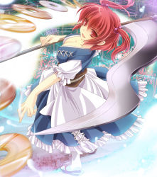 Rule 34 | 1girl, breasts, cleavage, clog sandals, coin, female focus, frilled skirt, frills, hair bobbles, hair ornament, highres, japanese clothes, large breasts, looking at viewer, monety, motion blur, obi, onozuka komachi, open mouth, over shoulder, red eyes, red hair, sash, scythe, short hair, short sleeves, skirt, smile, socks, solo, standing, throwing, touhou, twintails, two side up, weapon, weapon over shoulder, white socks