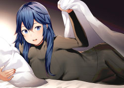 Rule 34 | 1girl, ameno (a meno0), bad id, bad twitter id, bed, bed invitation, bed sheet, blue eyes, blue hair, fire emblem, fire emblem awakening, happy, long hair, long sleeves, looking at viewer, lucina (fire emblem), nintendo, on bed, open mouth, pillow, smile, solo, sweater, symbol-shaped pupils