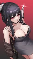 Rule 34 | 1girl, absurdres, barcode, barcode tattoo, bare shoulders, black bag, black hair, breasts, cleavage, d (killer wife) (nikke), d (nikke), dress, goddess of victory: nikke, gradient background, grey dress, hair ornament, heart, heart necklace, highres, jewelry, kurone rinka, large breasts, long hair, long sleeves, looking at viewer, necklace, off shoulder, official alternate costume, parted lips, purple eyes, red background, simple background, solo, tattoo
