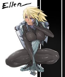 Rule 34 | 1girl, blonde hair, blue eyes, bodysuit, breasts, highres, large breasts, nephlite, original, short hair, solo, squatting, thick thighs, thighs, toned