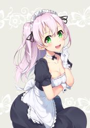 Rule 34 | 1girl, apron, black ribbon, blush, bon (bonbon315), breasts, choker, cleavage, collarbone, commentary request, copyright request, frills, gloves, green eyes, hair between eyes, hair ribbon, highres, light purple hair, long hair, looking at viewer, maid, maid headdress, medium breasts, open mouth, original, ponytail, ribbon, short sleeves, smile, solo, white apron, white choker, white gloves, wrist cuffs