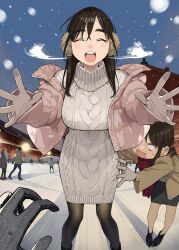 Rule 34 | 2girls, :d, ^ ^, black pantyhose, blush, breasts, brown eyes, brown hair, closed eyes, commentary, douki-chan (douki-chan), facing viewer, ganbare douki-chan, gloves, grey gloves, highres, ice skates, ice skating, jacket, kouhai-chan (douki-chan), large breasts, long sleeves, mole, mole on cheek, multiple girls, open clothes, open jacket, open mouth, outdoors, pantyhose, pink jacket, pov, short hair, skates, skating, skating rink, smile, snow, standing, sweater, teeth, turtleneck, turtleneck sweater, upper teeth only, white sweater, yomu (sgt epper)