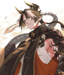 Rule 34 | 1boy, arknights, arm tattoo, armor, armpit crease, black cloak, black gloves, black hair, chong yue (arknights), clenched hand, cloak, closed mouth, dragon horns, dragon tail, earrings, gloves, hair tubes, highres, horns, jewelry, low ponytail, male focus, medium hair, multicolored hair, nos, parted bangs, pointy ears, red eyes, shirt, sleeveless, sleeveless shirt, solo, tail, tattoo, two-tone hair, unzipped, upper body, white hair