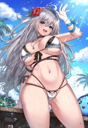 Rule 34 | 1girl, absurdres, bare shoulders, bikini, blue eyes, blush, breasts, cenangam, cleavage, collarbone, commission, flower, grey hair, hair flower, hair ornament, hibiscus, highleg, highleg bikini, highres, large breasts, long hair, looking at viewer, navel, original, palm leaf, priana, second-party source, sky, smile, solo, swimsuit, thighs, wet
