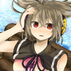Rule 34 | 1girl, breasts, brown hair, earmuffs, female focus, hand on own head, headphones, log, oh juun, open mouth, raft, red eyes, sleeveless, solo, touhou, toyosatomimi no miko, upper body, water