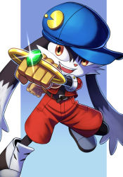 Rule 34 | 1boy, :d, absurdres, belt, border, commentary, english commentary, fang, full body, furry, furry male, gem, gloves, hair between eyes, hat, highres, holding, jewelry, kaze no klonoa, klonoa, knee up, legs apart, looking at viewer, low twintails, lower teeth only, male focus, open mouth, orange eyes, pac-man, pin, red shorts, ring, shadow, shorts, silverchariotx, simple background, smile, solo, teeth, twintails, two-tone background, upper teeth only, white border, yellow gloves