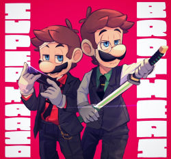 Rule 34 | 2boys, bandages, black necktie, black suit, blue eyes, brothers, brown hair, copyright name, facial hair, formal, glint, gloves, green shirt, gun, highres, hiyashimeso, holding, holding gun, holding weapon, katana, long sleeves, luigi, male focus, mario, mario (series), mario bros., monocle, multiple boys, mustache, necktie, nintendo, red background, red shirt, sheath, shirt, siblings, simple background, standing, suit, sword, unsheathing, watch fob, weapon, white gloves