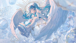 Rule 34 | 1girl, absurdres, blue eyes, blue hair, detached sleeves, feathered wings, hair between eyes, halo, hand on own face, hatsune miku, highres, kurohanesawa, long hair, long sleeves, looking at viewer, shoes, sitting, thighhighs, twintails, vocaloid, white footwear, white thighhighs, white wings, wide sleeves, wings
