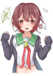 Rule 34 | 1girl, brown hair, calin, commentary request, crescent, crescent pin, dated, gradient hair, green sailor collar, highres, jacket, kantai collection, looking at viewer, multicolored hair, mutsuki (kancolle), mutsuki kai ni (kancolle), neckerchief, one-hour drawing challenge, open mouth, red hair, red neckerchief, sailor collar, school uniform, serafuku, short hair, signature, simple background, smile, solo, white background