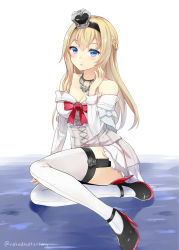 Rule 34 | 10s, 1girl, blonde hair, blue eyes, braid, crown, dress, french braid, garter straps, highres, jewelry, kaetzchen, kantai collection, long hair, mini crown, necklace, sitting, solo, thighhighs, warspite (kancolle), water, white thighhighs