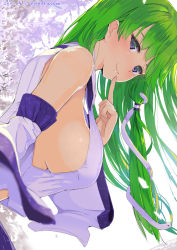 Rule 34 | 1girl, artist name, backlighting, bare shoulders, blue eyes, blush, breasts, commentary request, dated, detached sleeves, finger to mouth, flower, from side, green hair, hair ornament, hand up, hanging breasts, highres, kochiya sanae, large breasts, leaning forward, long hair, looking at viewer, looking to the side, mole, mole under mouth, no bra, plum blossoms, puuakachan, revision, shirt, sideboob, simple background, smile, snake hair ornament, solo, touhou, twitter username, upper body, white background, white shirt, wide sleeves