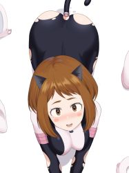 Rule 34 | 1girl, all fours, anal, anal object insertion, anal tail, animal ear fluff, animal ears, ass, blush, blush stickers, bodysuit, boku no hero academia, breasts, brown eyes, brown hair, butt plug, cat ears, commentary, fake tail, from above, haeil2, highres, looking at viewer, looking up, medium breasts, object insertion, open mouth, revision, short hair, solo, tail, tongue, torn bodysuit, torn clothes, uraraka ochako, white background