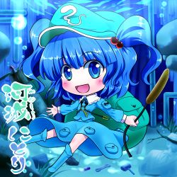 Rule 34 | 1girl, :d, aircraft, airplane, backpack, bag, blue eyes, blue hair, blush, boots, cattail, character name, chibi, flat cap, hair bobbles, hair ornament, hat, kawashiro nitori, key, long sleeves, looking at viewer, mallet, mitsu (kuromitu-izumi), open mouth, outstretched arms, industrial pipe, plant, radio, rock, rubber boots, screwdriver, short hair, skirt, skirt set, smile, spread arms, touhou, twintails, two side up, underwater, wrench