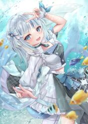 Rule 34 | 1girl, asymmetrical clothes, asymmetrical sleeves, blue eyes, blue nails, blush, fish, flat chest, gawr gura, grey hair, hair ornament, highres, hololive, hololive english, long hair, looking at viewer, multicolored hair, necktie, open mouth, shirt, skirt, smile, streaked hair, surgeonfish, tina oekaki, two side up, v, virtual youtuber, water drop