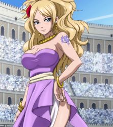 Rule 34 | 1girl, bare shoulders, blonde hair, blue eyes, breasts, cleavage, earrings, fairy tail, female focus, flower, gold, hair flower, hair ornament, jenny realight, jewelry, large breasts, long hair, necklace, screencap, smile, solo, standing, tattoo, third-party edit