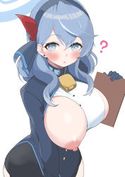 Rule 34 | 1girl, ?, absurdres, ako (blue archive), blue archive, blue hair, breasts, hair between eyes, highres, large breasts, nipples, simple background, solo, wardrobe malfunction, white background