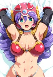 Rule 34 | 1girl, aqua eyes, armor, armpits, arms behind head, bed, bikini armor, breasts, cleavage, dragon quest, dragon quest iii, highres, konpeto, large breasts, long hair, lying, open mouth, purple hair, smile, soldier (dq3), solo, square enix, toned