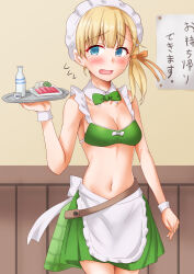 Rule 34 | 1girl, adapted costume, alternate costume, anti (untea9), apron, bikini, blonde hair, blue eyes, blunt bangs, bow, bowtie, breasts, cleavage, commentary request, cowboy shot, detached collar, enmaided, food, frilled apron, frills, green bikini, green bow, green bowtie, hair ribbon, highres, kantai collection, long hair, maid, maid headdress, meat, navel, ribbon, shin&#039;you (kancolle), small breasts, solo, swimsuit, tokkuri, waist apron, wrist cuffs
