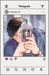Rule 34 | 1boy, absurdres, alternate costume, bara, black hair, blush, covering face, cup, empty eyes, hands up, head tilt, highres, holding, holding cup, instagram, instagram username, looking at viewer, male focus, mature male, original, osu (osumankokuou), plump salaryman (osu), short hair, smoothie, solo, thick eyebrows, upper body, watch, wristwatch