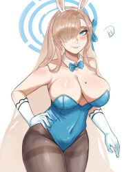 Rule 34 | 1girl, absurdres, animal ears, asuna (blue archive), blue archive, blue bow, blue bowtie, blue eyes, blue leotard, blush, bow, bowtie, breasts, brown hair, cleavage, commentary request, covered navel, cowboy shot, deliciousbrain, detached collar, fake animal ears, gloves, grey pantyhose, groin, hair over one eye, highres, large breasts, leotard, long hair, looking at viewer, mole, mole on breast, pantyhose, rabbit ears, simple background, smile, solo, standing, strapless, strapless leotard, thighband pantyhose, thighs, very long hair, white background, white gloves