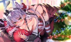 Rule 34 | 1girl, amatsukaze (kancolle), ass, biting, blush, breasts, glove biting, gloves, hair tubes, highres, irokiiro, kantai collection, long hair, looking at viewer, panties, red thighhighs, side-tie panties, silver hair, solo, striped clothes, striped thighhighs, thighhighs, twitter username, two side up, underwear, yellow eyes