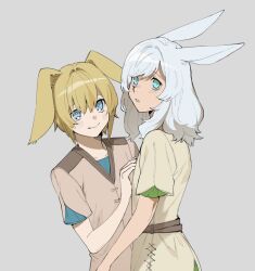 Rule 34 | 2others, androgynous, animal ears, blonde hair, blue eyes, blue hair, bright pupils, child, commentary, final fantasy, final fantasy xiv, grey background, hand on another&#039;s chest, looking at viewer, multiple others, niboshi kom, other focus, parted lips, rabbit ears, short sleeves, simple background, smile, viera, warrior of light (ff14), white pupils