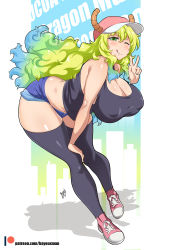 Rule 34 | 1girl, :d, bare shoulders, baseball cap, bayeuxman, bent over, black tank top, black thighhighs, blonde hair, blue background, blue hair, blush, border, breasts, cleavage, closed mouth, covered erect nipples, denim, denim shorts, dragon horns, full body, gradient background, gradient hair, green eyes, green hair, hat, highres, horns, kobayashi-san chi no maidragon, large breasts, long hair, looking at viewer, lucoa (maidragon), midriff, monster girl, multicolored eyes, multicolored hair, one eye closed, open mouth, shoes, shorts, sleeveless, smile, sneakers, solo, tank top, thighhighs, thighs, tongue, v, white border, wink