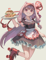 Rule 34 | 1girl, a.i. voice, absurdres, alternate costume, apron, black dress, blunt ends, burger, buttons, double-breasted, dress, food, foot out of frame, grey background, grin, hair ribbon, highres, holding, holding tray, kotonoha akane, kyo mizusawa, long hair, looking at viewer, low-tied sidelocks, notepad, pink hair, polka dot, polka dot ribbon, red eyes, red footwear, red ribbon, ribbon, roller skates, short sleeves, shrimp, shrimp tempura, simple background, skates, smile, solo, standing, standing on one leg, tempura, tray, visor cap, voiceroid, waist apron, waitress, white apron