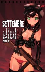 Rule 34 | 1girl, animal ears, beretta model 38, blush, brown hair, calendar, elbow gloves, feathers, federica n. doglio, gloves, green eyes, gun, hat, italian text, italy, lowleg, lowleg panties, panties, pouch, red panties, shimada fumikane, solo, strike witches, strike witches: kurenai no majo-tachi, tail, thighhighs, topless, underwear, weapon, world witches series
