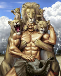 Rule 34 | 1boy, bald, brown eyes, censored, cloud, commentary, convenient censoring, day, elephant, facial hair, lightning, lion, living clothes, male focus, manly, matataku, muscular, mustache, nude, original, realistic, sexually suggestive, sky, solo