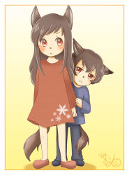 Rule 34 | 1boy, 1girl, :&lt;, age difference, ame (ookami kodomo), animal ears, artist name, blush, brother and sister, brown hair, dated, frown, gradient background, highres, long hair, looking at viewer, older sister, ookami kodomo no ame to yuki, outline, red eyes, ryo (rosebud), short hair, shy, siblings, signature, standing, tail, tearing up, wolf ears, yellow background, siblings, yuki (ookami kodomo)