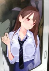 Rule 34 | 1girl, absurdres, against glass, ama mitsuki, breast press, breasts, breasts on glass, brown hair, closed mouth, fingernails, head tilt, highres, large breasts, long fingernails, long hair, necktie, non-web source, original, pleated skirt, red eyes, scan, school uniform, single sidelock, skirt, solo focus, sweat