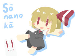 Rule 34 | 1girl, :x, artist self-insert, barefoot, blonde hair, blush stickers, chibi, comic, commentary request, fang, goma (gomasamune), hair between eyes, hair ribbon, highres, is that so, necktie, no lineart, rabbit, red eyes, ribbon, rumia, shadow, short hair, skirt, solo, touhou, translation request, vest, white background