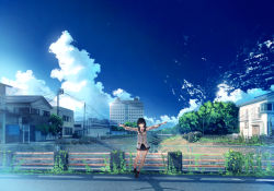 Rule 34 | 10s, 1girl, advarcher, balcony, bare legs, black footwear, black hair, black skirt, blue eyes, blue sky, bow, bowtie, bridge, building, canal, car, cardigan, chain-link fence, closed mouth, cloud, cloudy sky, collared shirt, day, fence, grass, gridman universe, house, lamppost, long hair, long sleeves, looking at viewer, miniskirt, motor vehicle, outdoors, outstretched arms, pink socks, plant, power lines, railing, red bow, red bowtie, rock, scenery, school uniform, scrunchie, shadow, shirt, sign, skirt, sky, smile, socks, solo, ssss.gridman, stairs, standing, standing on one leg, takarada rikka, tree, uniform, white cardigan, white shirt, wide shot, window, wrist scrunchie