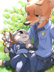 Rule 34 | artist request, rabbit, cellphone, disney, eye contact, fox, furry, judy hopps, looking at another, lying, lying on lap, nick wilde, no humans, outdoors, phone, pointing, police, police uniform, smartphone, uniform, zootopia