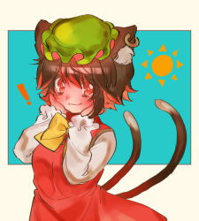 Rule 34 | !, 1girl, animal ears, blush, bow, bowtie, brown eyes, brown hair, cat ears, cat tail, chen, closed mouth, earrings, green hat, hands on own cheeks, hands on own face, hands up, hat, jewelry, long sleeves, looking at viewer, masanaga (tsukasa), mob cap, multiple tails, short hair, solo, tail, touhou, two tails, upper body, v-shaped eyebrows, yellow bow, yellow bowtie