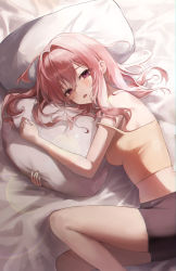 Rule 34 | 1girl, absurdres, bed sheet, blush, chabi, highres, light, long hair, looking at viewer, lying, medium hair, off shoulder, on bed, on side, open mouth, orange tank top, original, pillow, pink hair, purple eyes, short shorts, shorts, solo, tank top