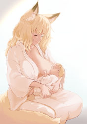 Rule 34 | 1boy, 1girl, animal ear fluff, animal ears, baby, batta (kanzume quality), blonde hair, blunt bangs, blush, breastfeeding, breasts, closed eyes, costume request, fox ears, fox girl, fox tail, fox wife (batta (kanzume quality)), happy, holding baby, large breasts, light, long hair, long sleeves, mother and child, mother and son, open clothes, original, seiza, sidelighting, simple background, sitting, smile, tail, wavy hair, white background