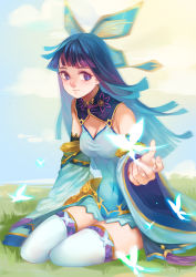 Rule 34 | 1girl, bare shoulders, blue eyes, blue hair, blunt bangs, bug, butterfly, butterfly hair ornament, covered navel, detached collar, detached sleeves, glowing, hair ornament, insect, leotard, long hair, looking at viewer, matching hair/eyes, multicolored hair, nie xiaoqian, purple hair, rino (1992085710), rino (pixiv11458612), sangai senki, sitting, smile, solo, taut clothes, thighhighs, two-tone hair, wind, yokozuwari