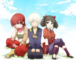 Rule 34 | 1boy, 2girls, belt, black hair, breasts, brown eyes, chitose cxarma, closed eyes, iria animi, jacket, midriff, multiple girls, open mouth, pants, red eyes, red hair, ribbon, ruca milda, scarf, shoes, short hair, smile, socks, tales of (series), tales of innocence, twintails, white hair