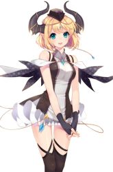 Rule 34 | 1girl, aqua eyes, black gloves, black thighhighs, blonde hair, fingerless gloves, gloves, hat, horns, non-web source, open mouth, own hands together, patricia (soccer spirits), pointy ears, shirahane nao, short hair, soccer spirits, solo, thighhighs, transparent background
