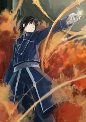 Rule 34 | 1boy, absurdres, azomo, black eyes, black hair, black pants, blue jacket, closed mouth, feet out of frame, fire, fullmetal alchemist, gloves, hand up, highres, jacket, long sleeves, male focus, pants, roy mustang, sanpaku, short hair, solo, standing, waist cape, white gloves