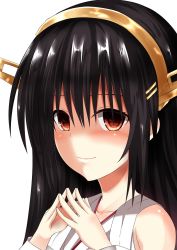 Rule 34 | 10s, 1girl, bare shoulders, black hair, brown eyes, commentary request, hair between eyes, hair ornament, hairband, hairclip, haruna (kancolle), japanese clothes, kantai collection, long hair, looking at viewer, nontraditional miko, simple background, solo, steepled fingers, tatsuno, tatsuno (saya-tatsuno), white background, yandere trance