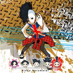 Rule 34 | 1girl, air guitar, alternate hairstyle, bad id, bad pixiv id, bell, neck bell, black hair, character name, collar, earrings, english text, flag print, gassun, jewelry, kobayakawa rinko, looking at viewer, love plus, mohawk, print shirt, punk, shirt, shoes, short hair, solo, union jack