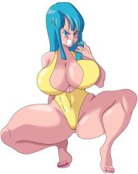 Rule 34 | 1girl, absurdres, alternate breast size, angry, ass, bare legs, bare shoulders, barefoot, blue eyes, blue hair, breasts, cleavage, clenched teeth, curvy, dragon ball, dragonball z, erodraw, full body, hand in own hair, highleg, highleg swimsuit, highres, huge ass, large breasts, legs apart, lips, long hair, maron (dragon ball), matching hair/eyes, one-piece swimsuit, shiny skin, solo, squatting, sweat, swimsuit, tattoo, teeth, thighs, transparent background, wide hips, yellow one-piece swimsuit