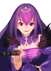 Rule 34 | 1girl, absurdres, akisa yositake, breasts, cleavage, covered navel, detached collar, dress, fate/grand order, fate (series), fingernails, hand on own hip, highres, holding, holding wand, long hair, looking at viewer, medium breasts, open mouth, purple dress, purple hair, red eyes, scathach (fate), scathach skadi (fate), simple background, smile, solo, sweat, troll face, upper body, wand, white background